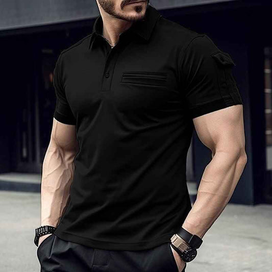 Black polo shirt with pocket style hommie sleeves
