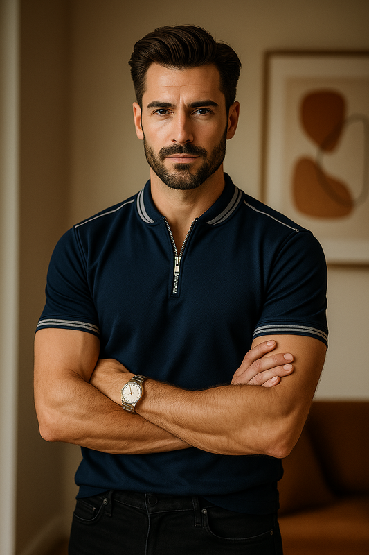 Navy madmext smocked polo neck shirt