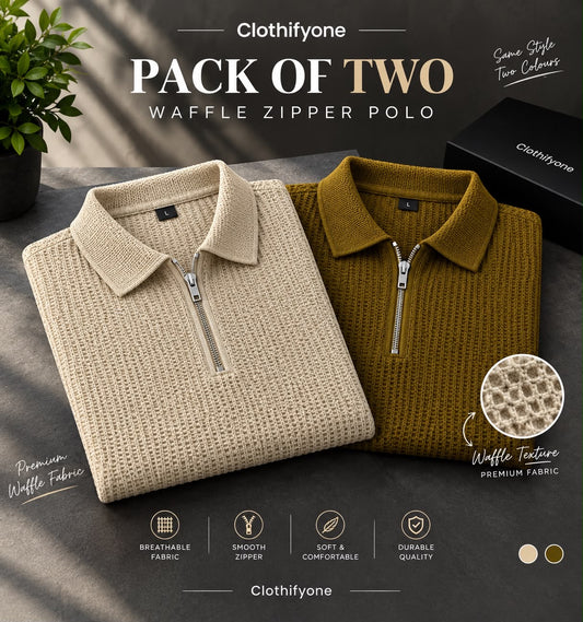 Pack Of Two - Beige & Mustard Waffle Zipper Polo