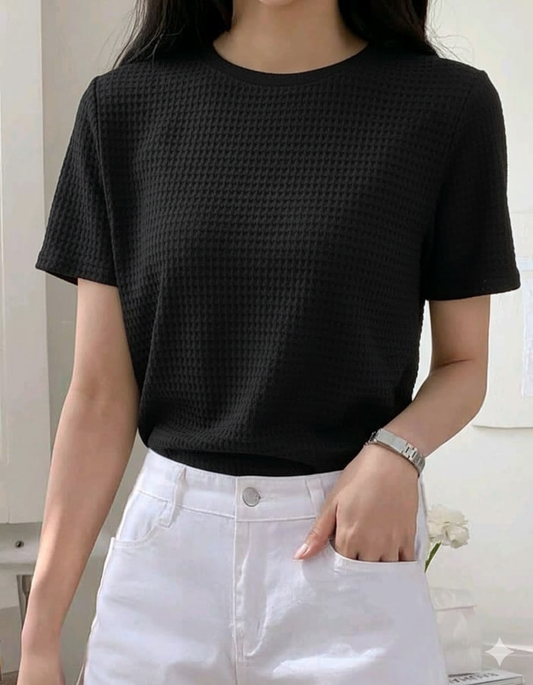 Waffle Knit T-Shirt Women | Black