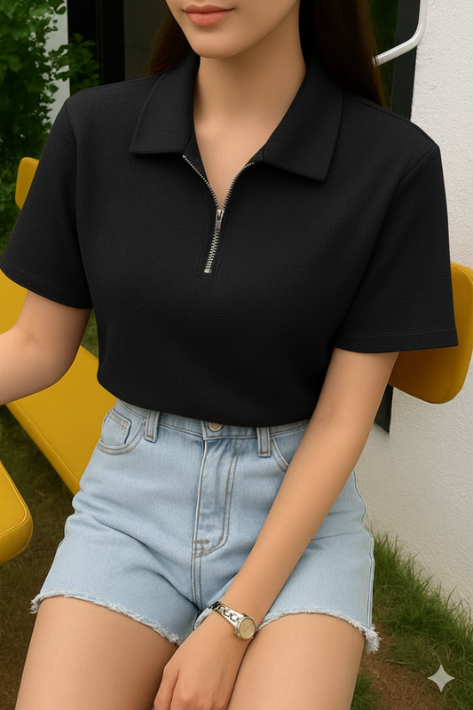 Waffle Knit Zipper Polo Women | Black