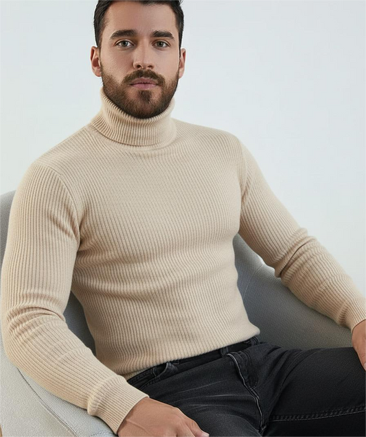 Beige High Neck Ribbed | Men