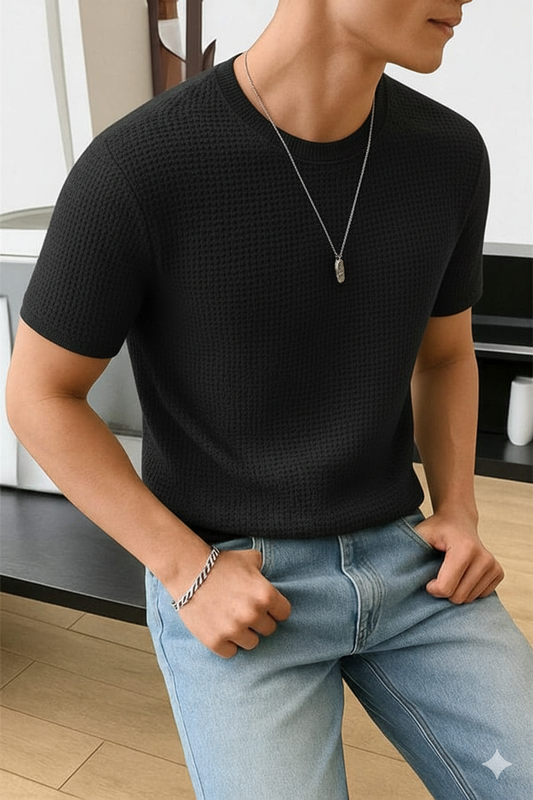 Waffle Knit T-Shirt Men | Black