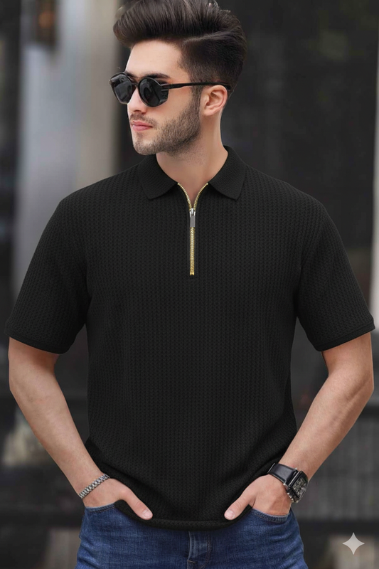 Waffle Knit Zipper Polo Men | Black