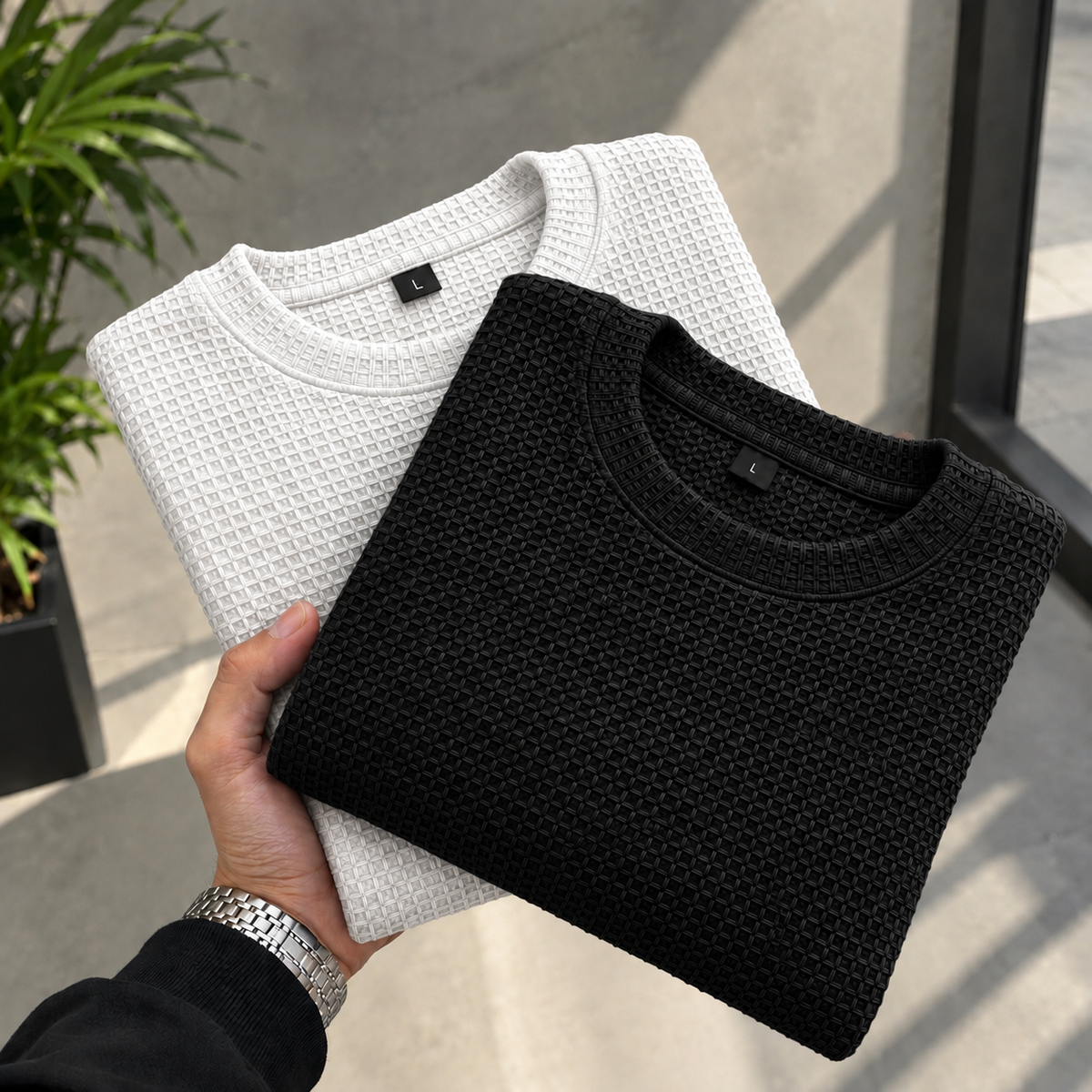 Pack Of Two - white & black Waffle Knitted Shirt