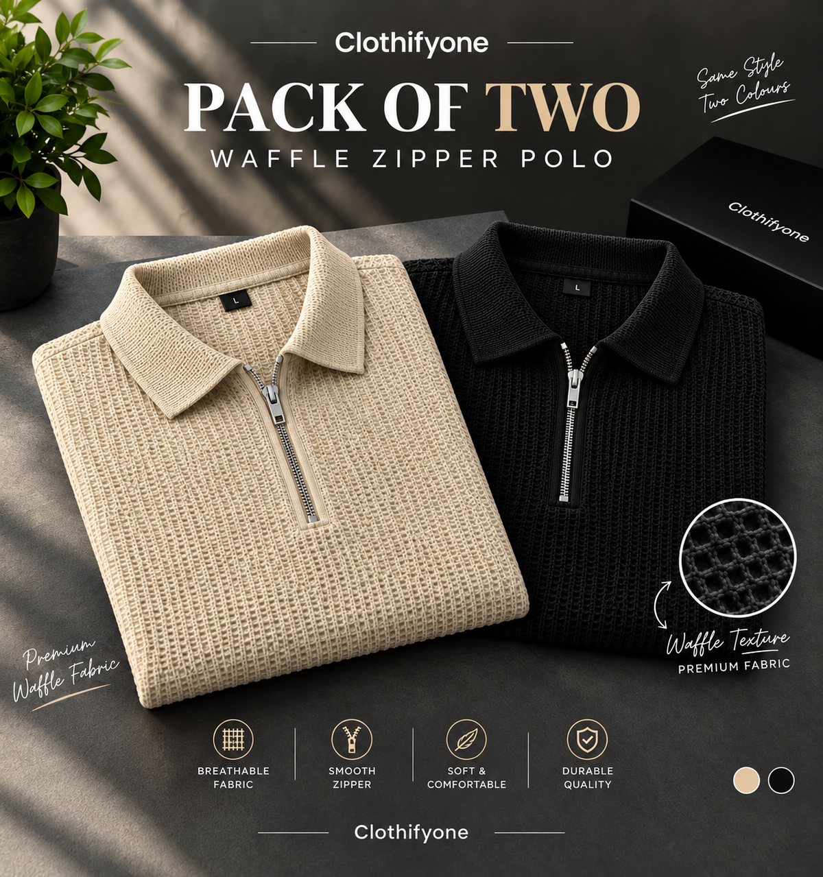Pack Of Two - Beige & Black Waffle Zipper Polo