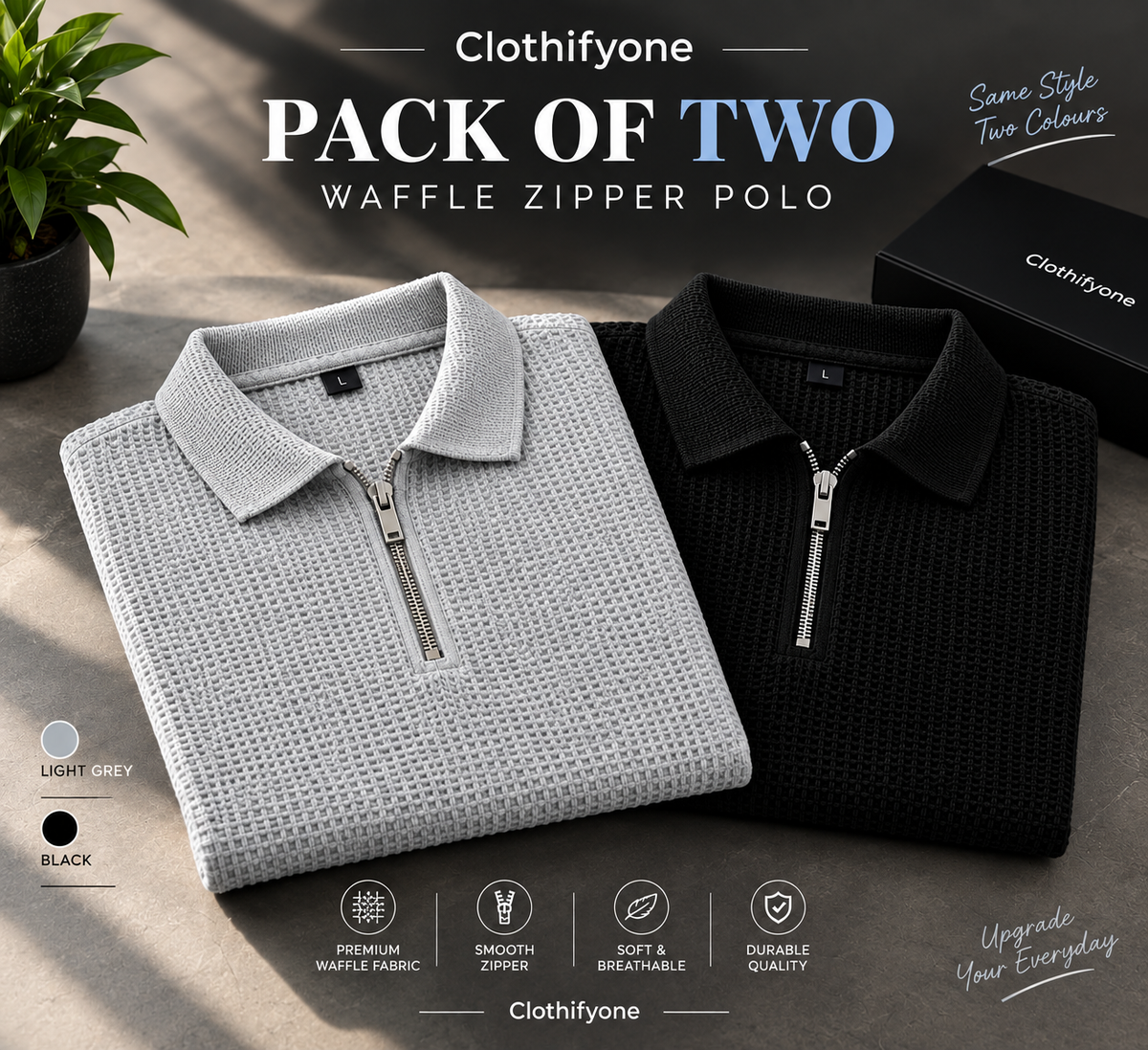 Pack Of Two - Grey & Black Waffle Zipper Polo