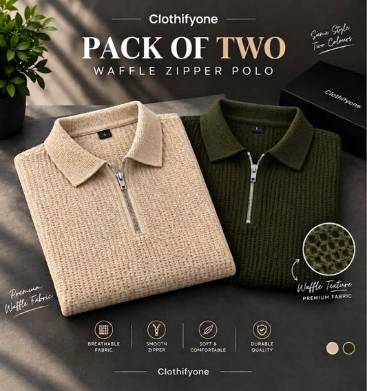 Pack Of Two - Beige & Olive Green  Waffle Zipper Polo