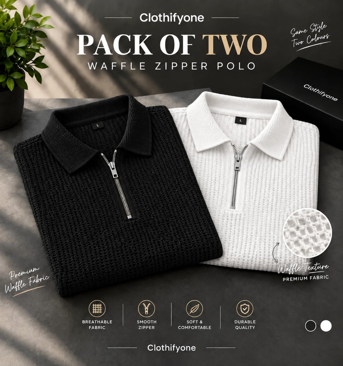 Pack Of Two - White & Black Waffle Zipper Polo