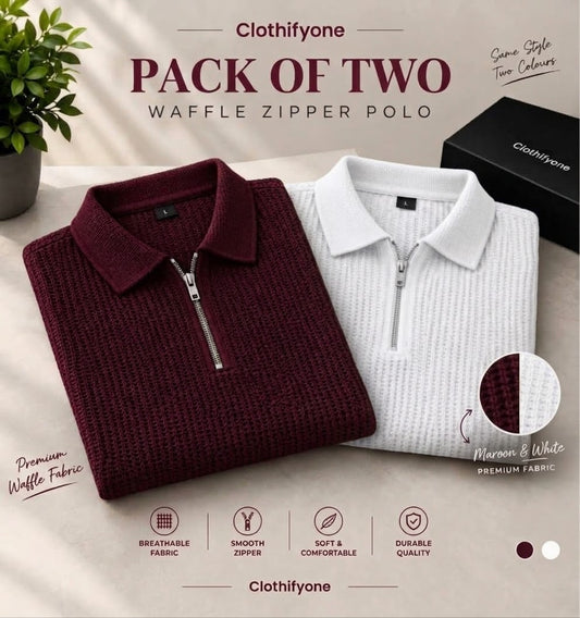 Pack Of Two - White & Maroon Waffle Zipper Polo