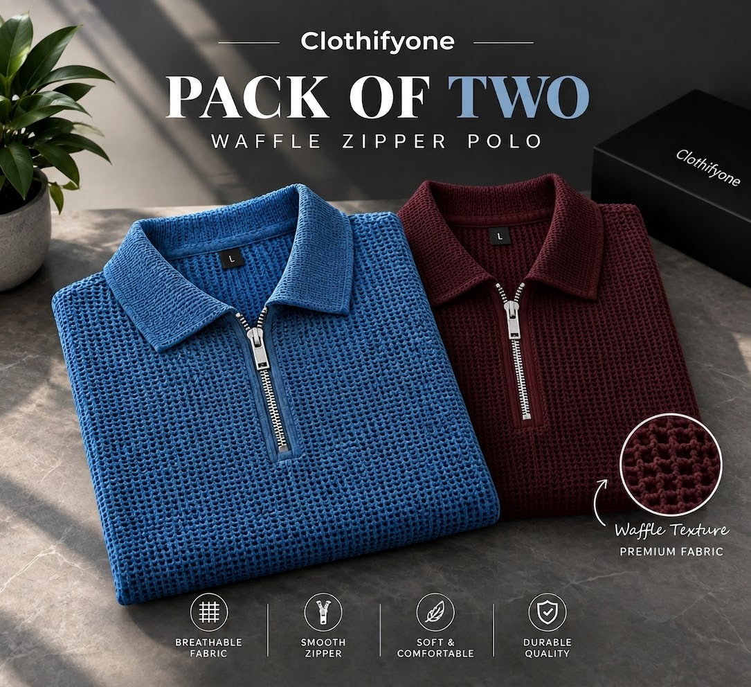 Pack Of Two - Mid Blue & Maroon Waffle Zipper Polo
