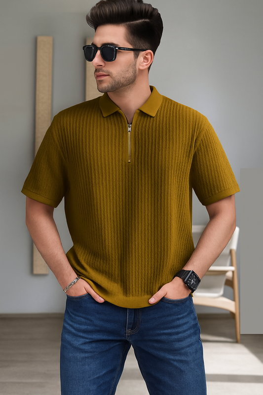 Waffle Knit Zipper Polo Men | Mustard
