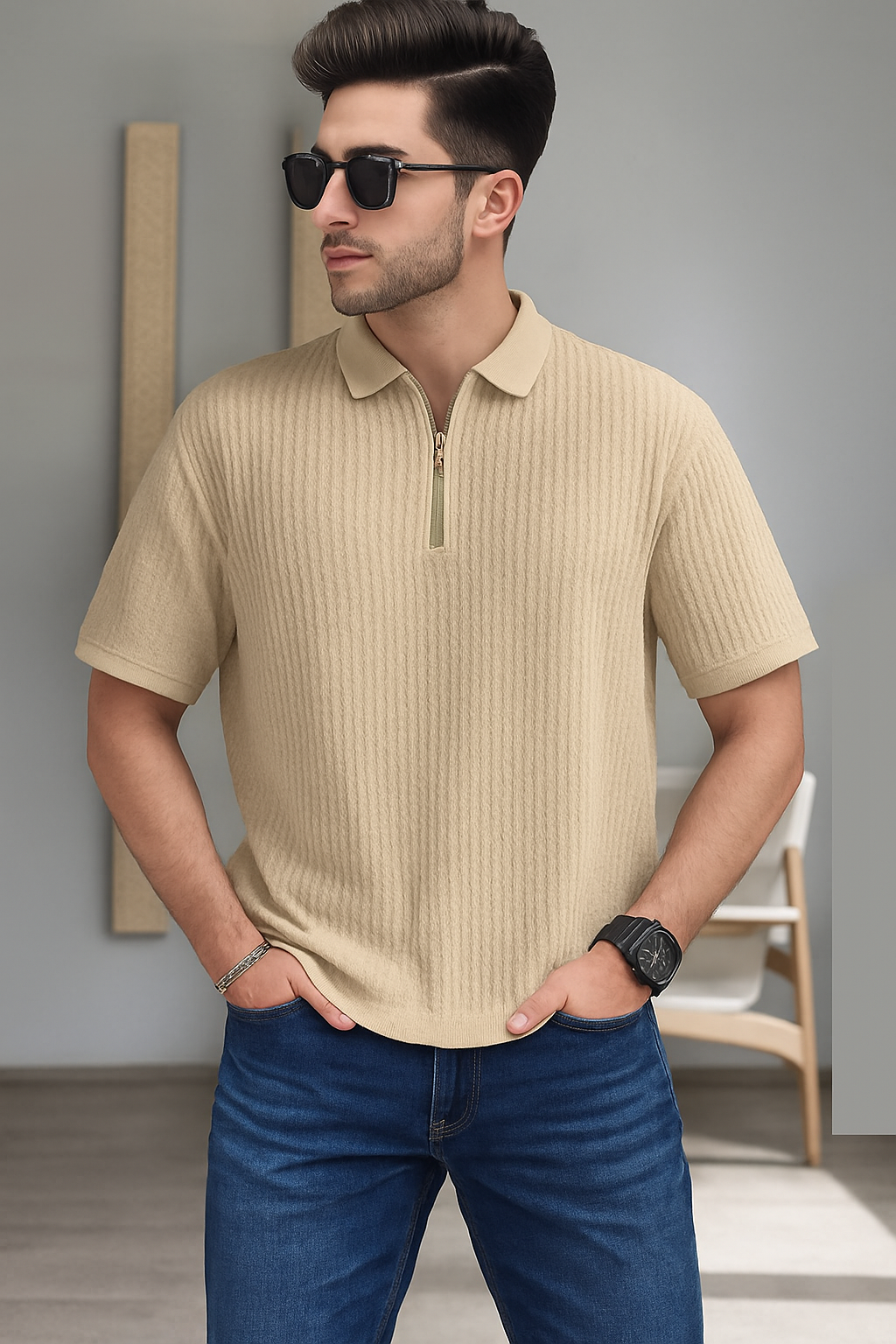 Waffle Knit Zipper Polo Men | Beige