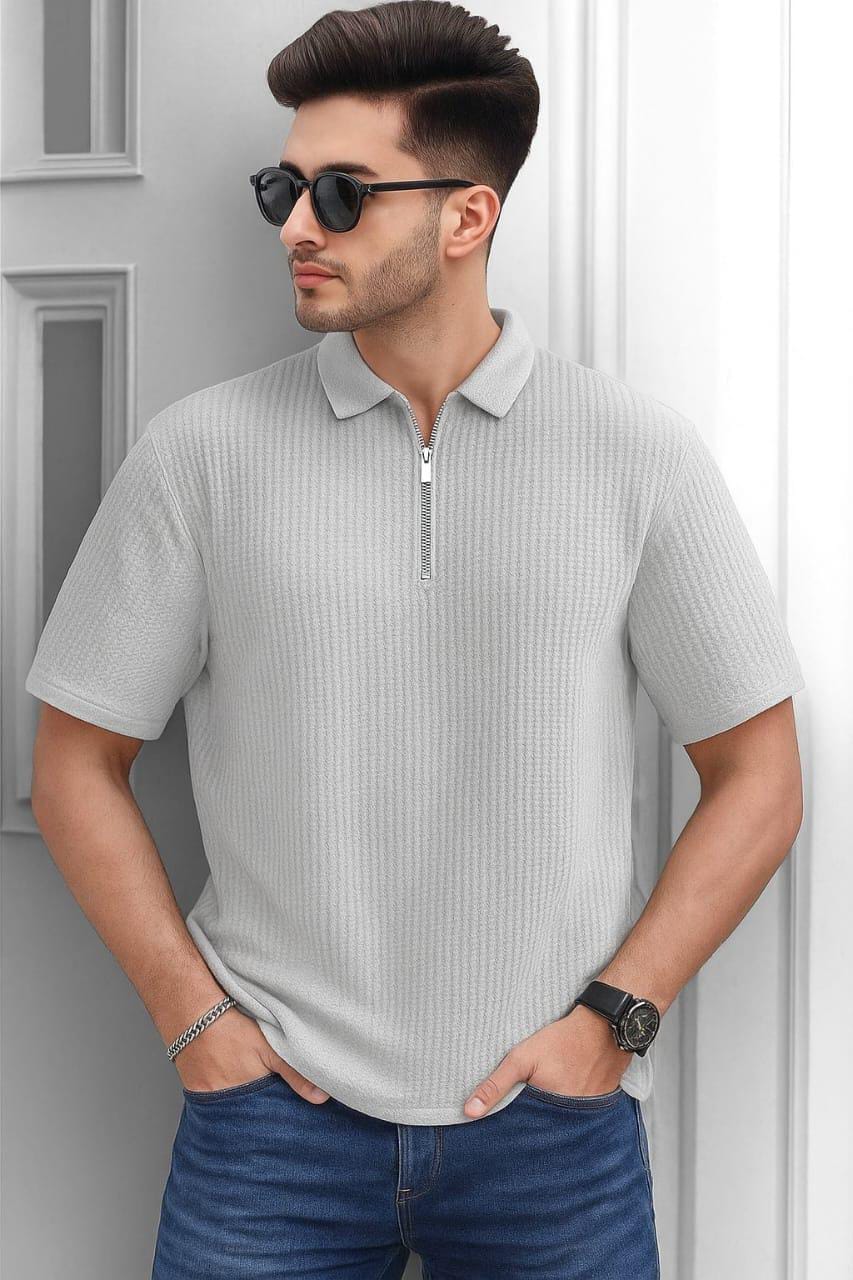 Waffle Knit Zipper Polo Men | Light Grey