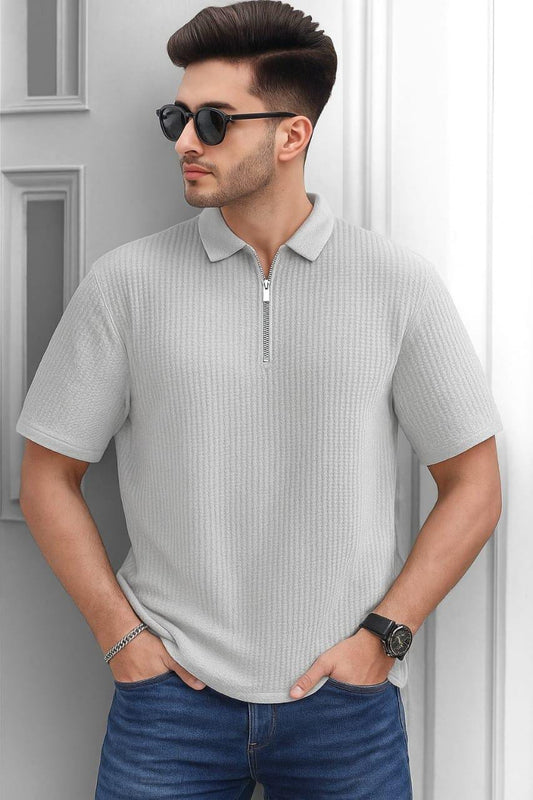 Waffle Knit Zipper Polo Men | Light Grey