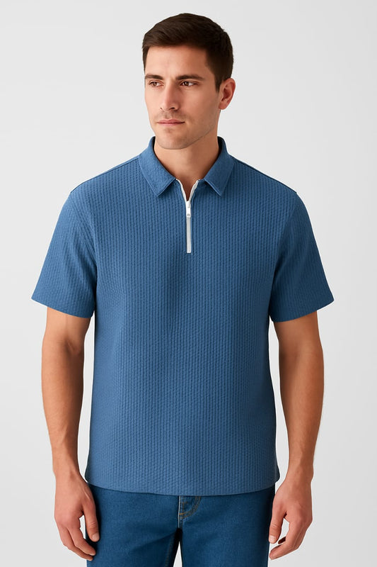 Waffle Knit Zipper Polo Men | Mid Blue