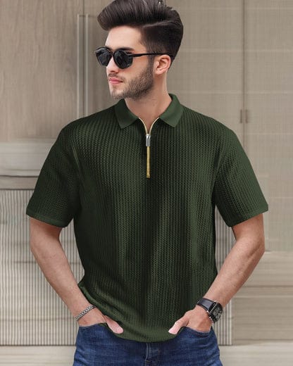 Waffle Knit Zipper Polo Men | Olive Green