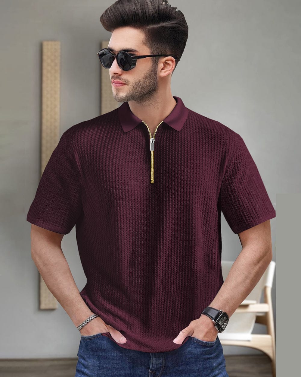 Waffle Knit Zipper Polo Men | Maroon