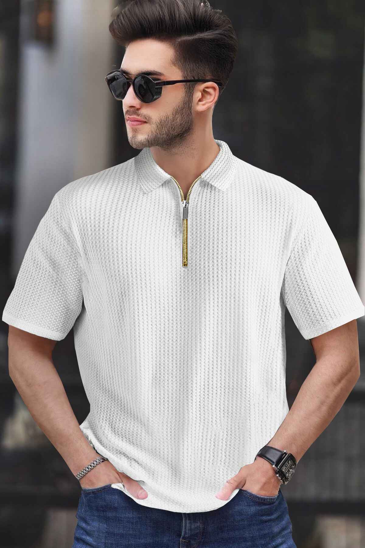 Waffle Knit Zipper Polo Men | White