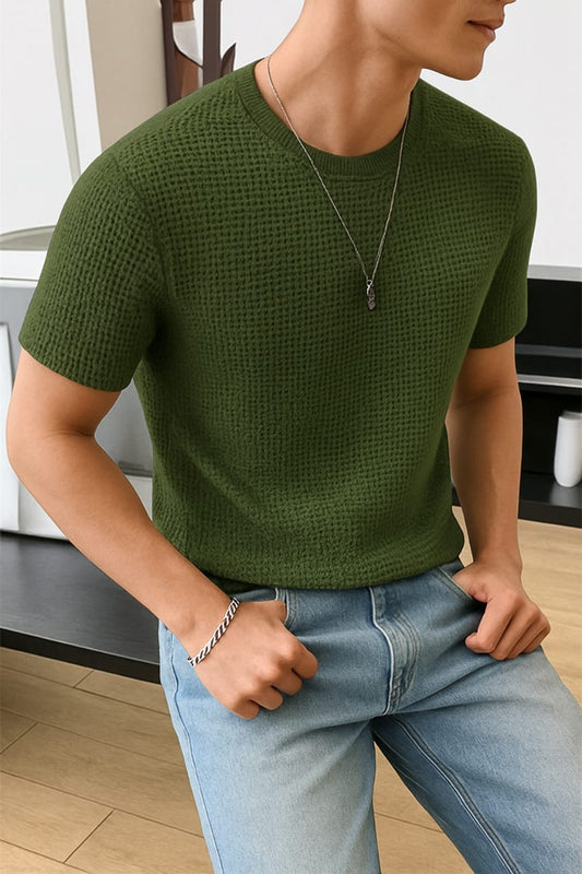 Waffle Knit T-Shirt Men | Olive Green