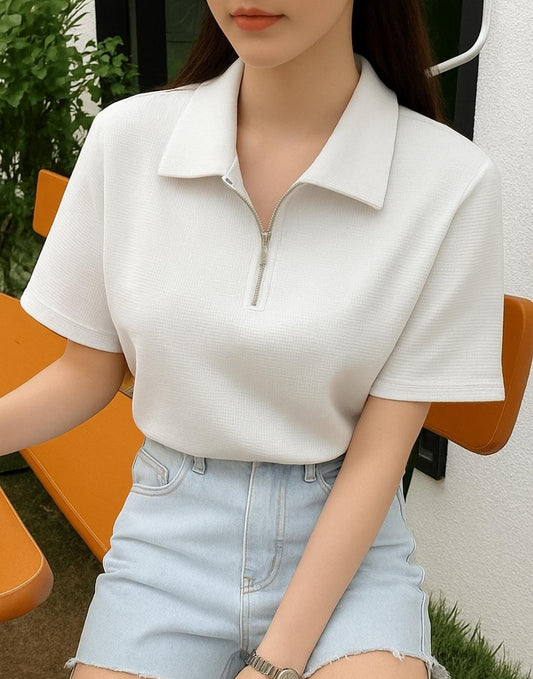 Waffle Knit Zipper Polo Women | White