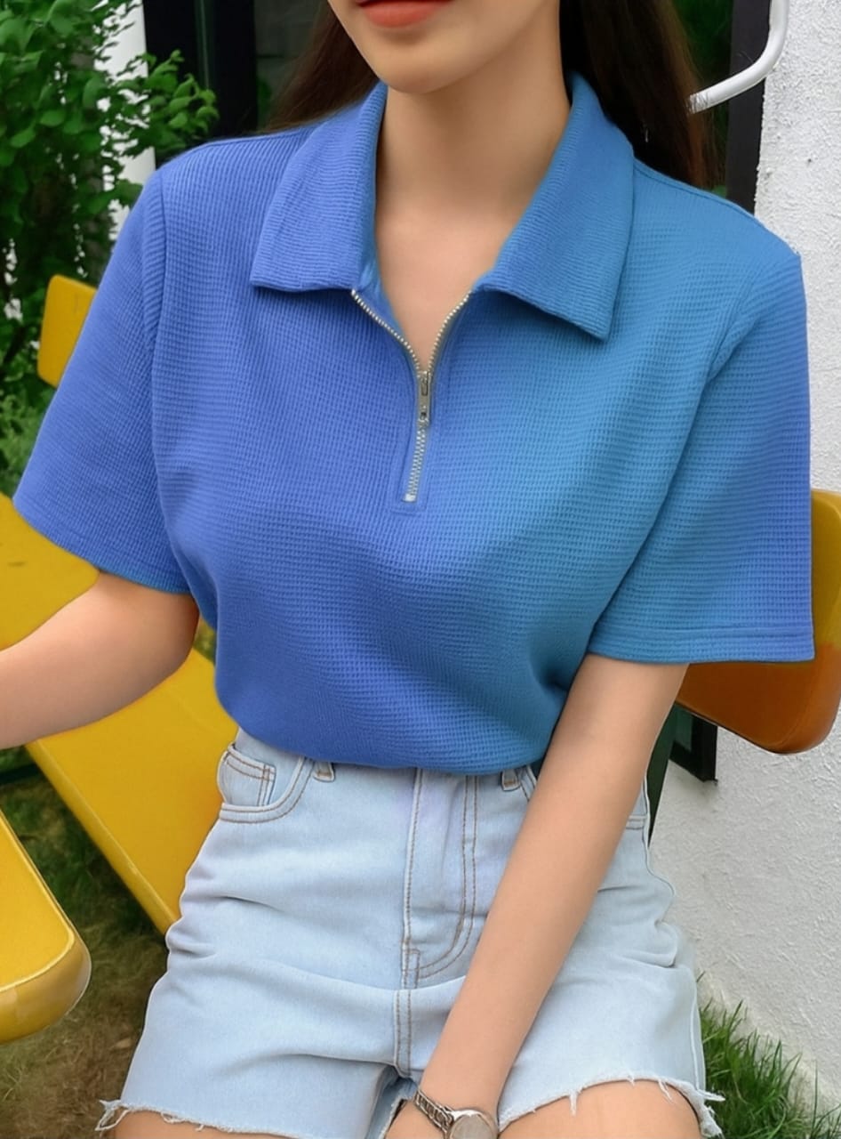 Waffle Knit Zipper Polo Women | Mid Blue