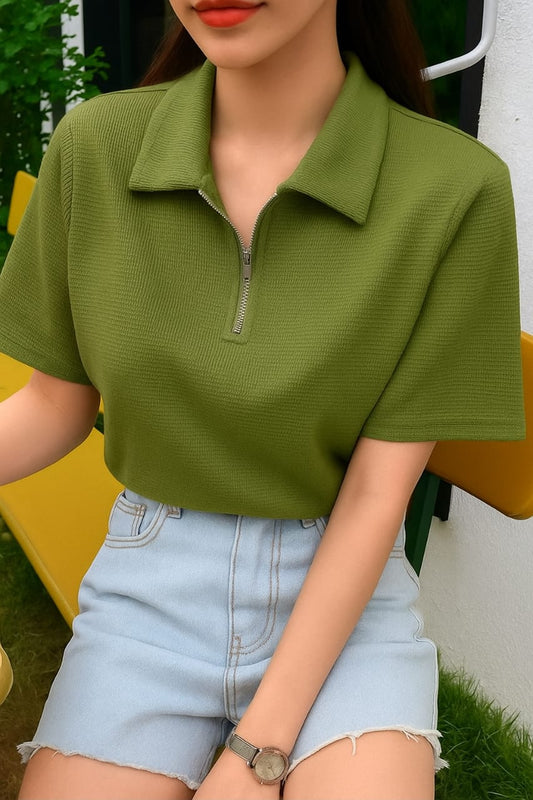 Waffle Knit Zipper Polo Women | Olive Green