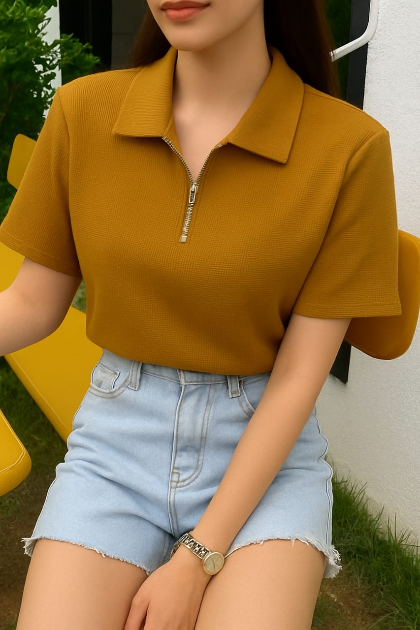 Waffle Knit Zipper Polo Women | Mustard