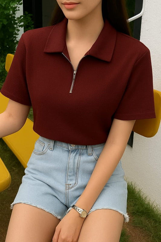 Waffle Knit Zipper Polo Women | Maroon
