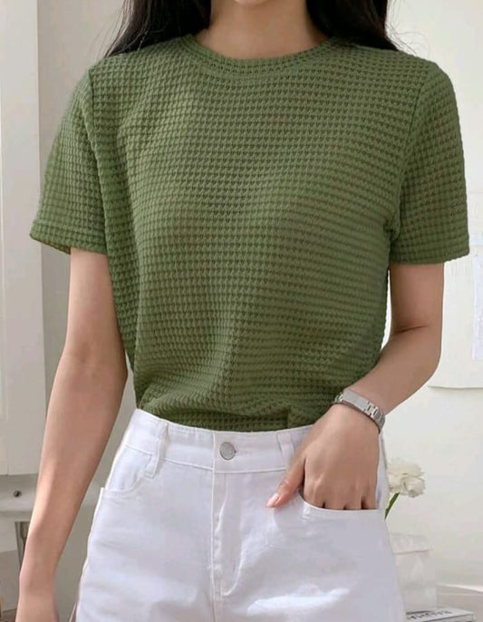 Waffle Knit T-Shirt Women | Olive Green