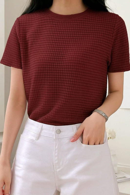 Waffle Knit T-Shirt Women | Maroon