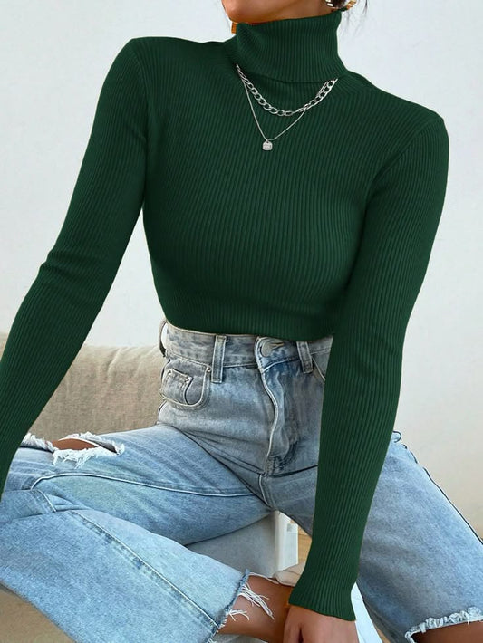Bottle Green High Neck Ribbed | Women