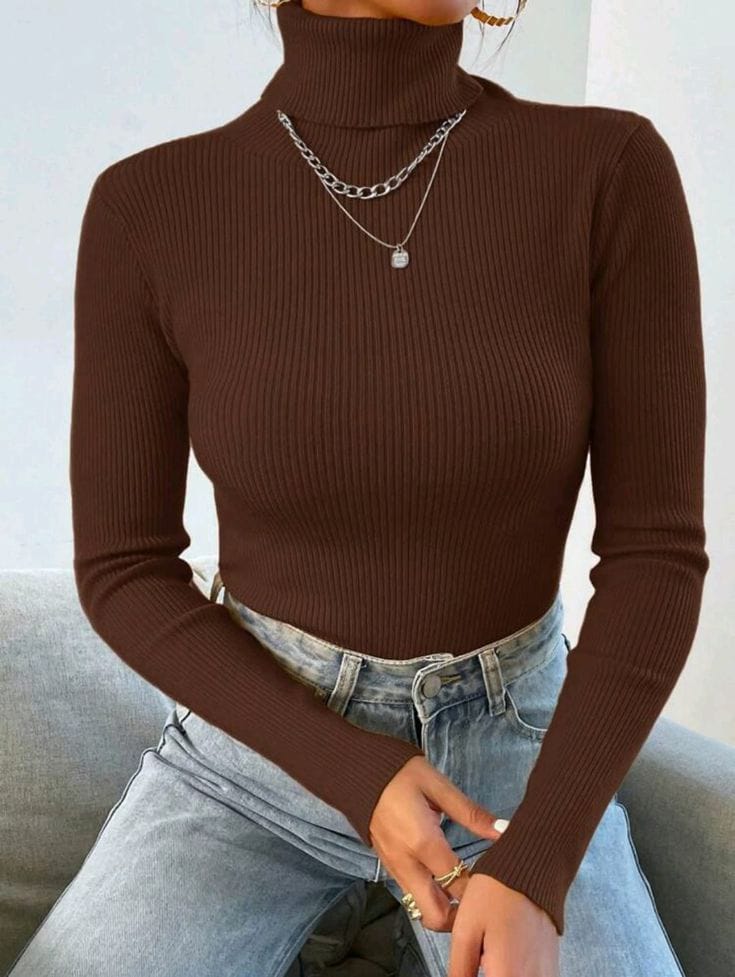 Brown High Neck Ribbed | Women