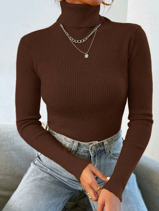 Brown High Neck Ribbed | Women