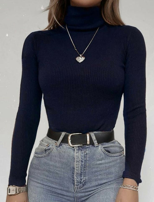 Navy Blue High Neck Ribbed | Women