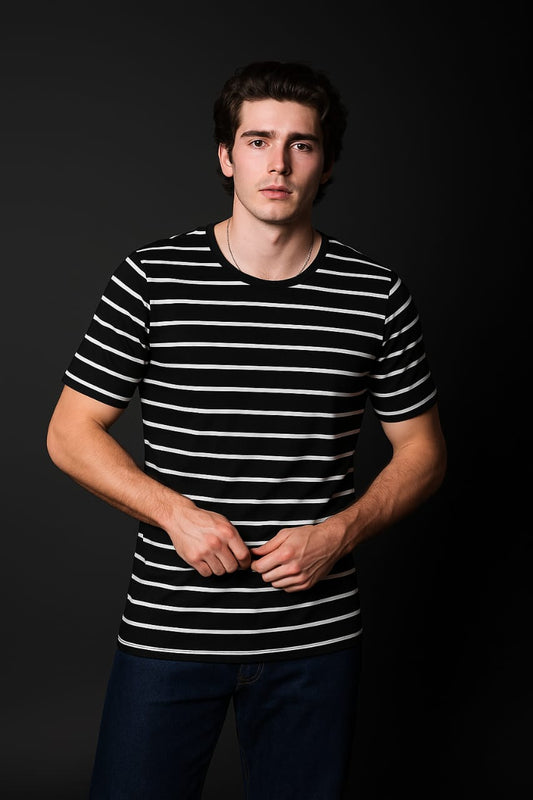 Black and White Striped Tees Half Sleeves