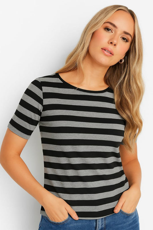 Black and Grey Striped Tees Half Sleeve For Women