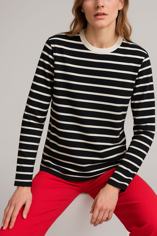 Black and White Striped Tees Full Sleeve For Women