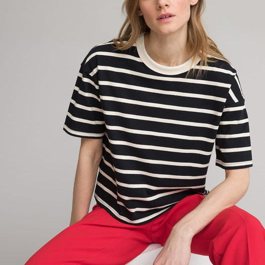 Black and White Striped Tees Half Sleeve For Women