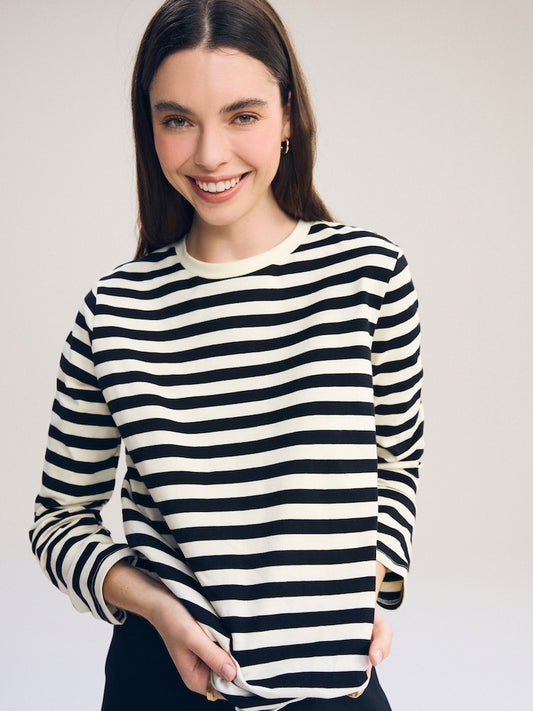 Black and White Striped Tees Full Sleeve For Women