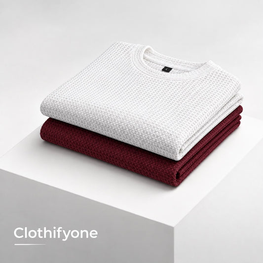 Pack Of Two - White & Maroon Waffle Knitted Shirt.
