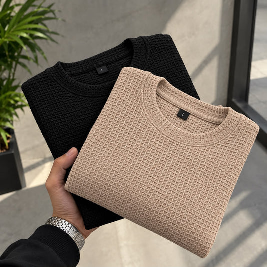 Pack Of Two - Black & Beige Waffle Knitted Shirt.