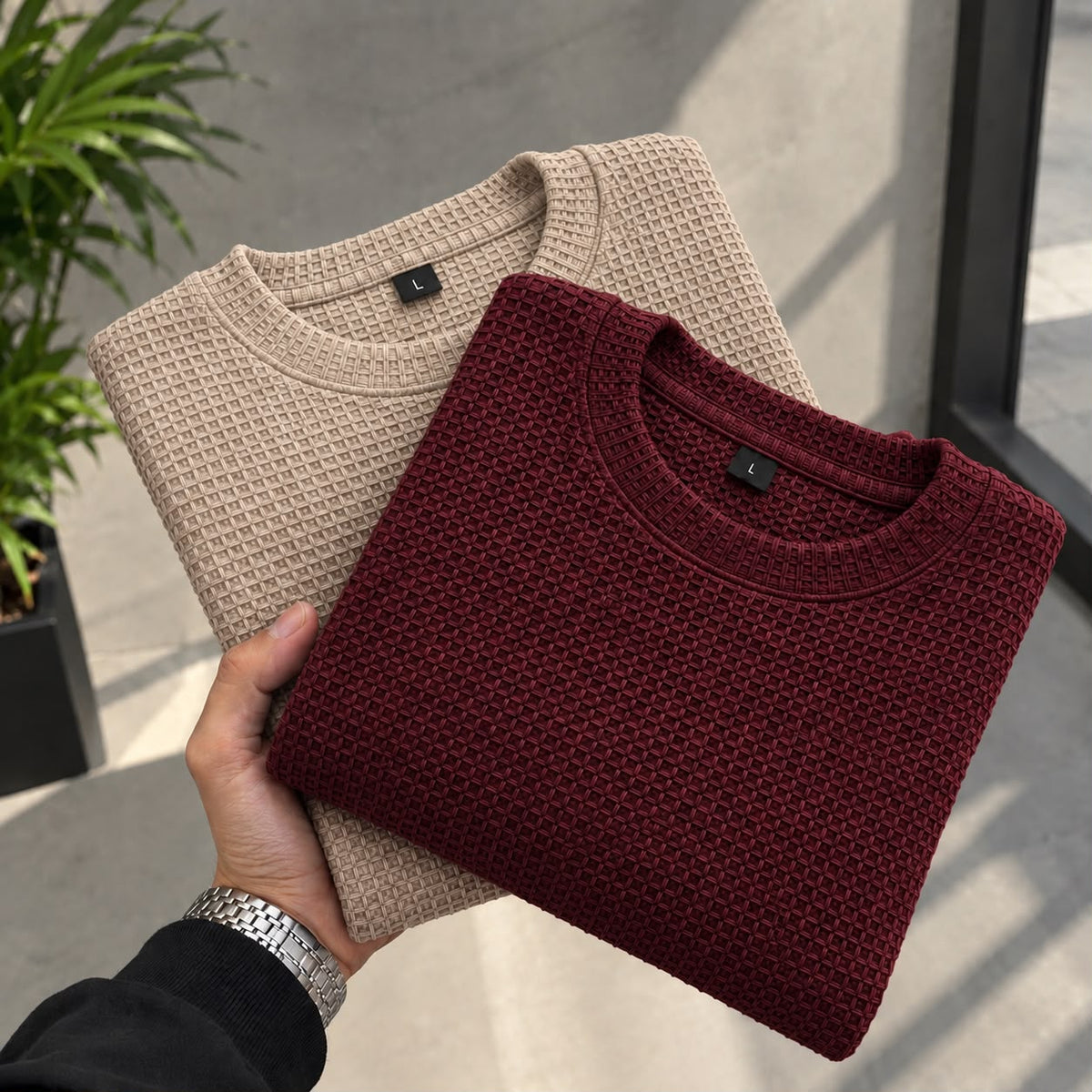 Pack Of Two - Maroon & Beige Waffle Knitted Shirt.