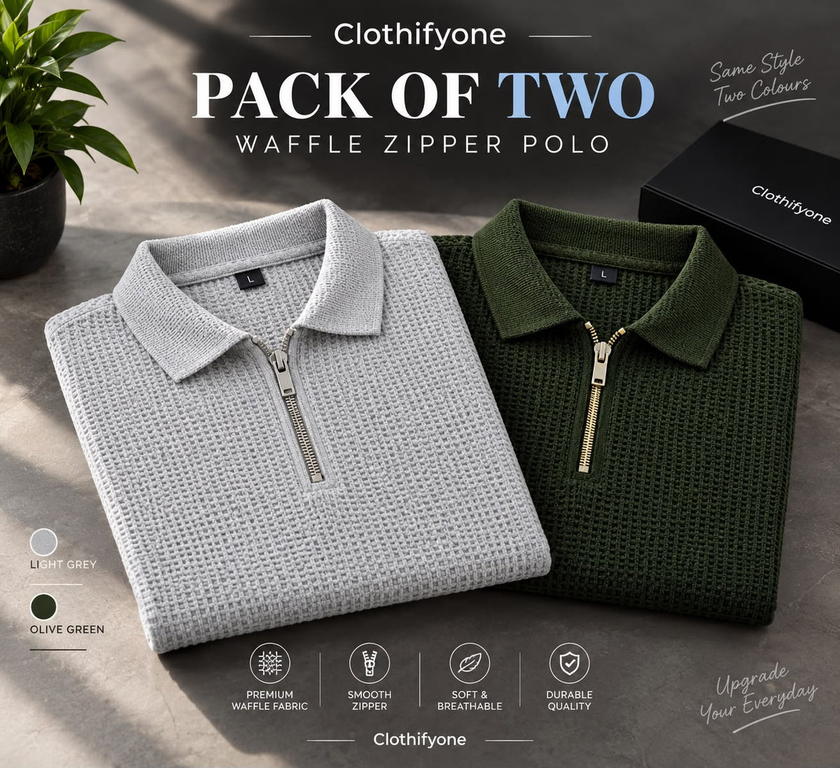 Pack Of Two - Olive Green & Grey Waffle Zipper Polo Pack Of Two