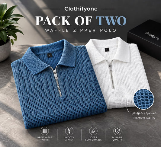 Pack Of Two - Mid Blue & White Waffle Zipper Polo