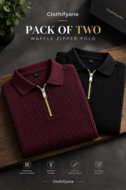 Pack Of Two - Black & Maroon Waffle Zipper Polo