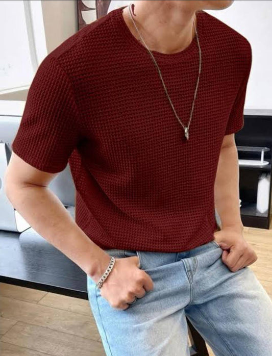 Waffle Knit T-Shirt Men | Maroon