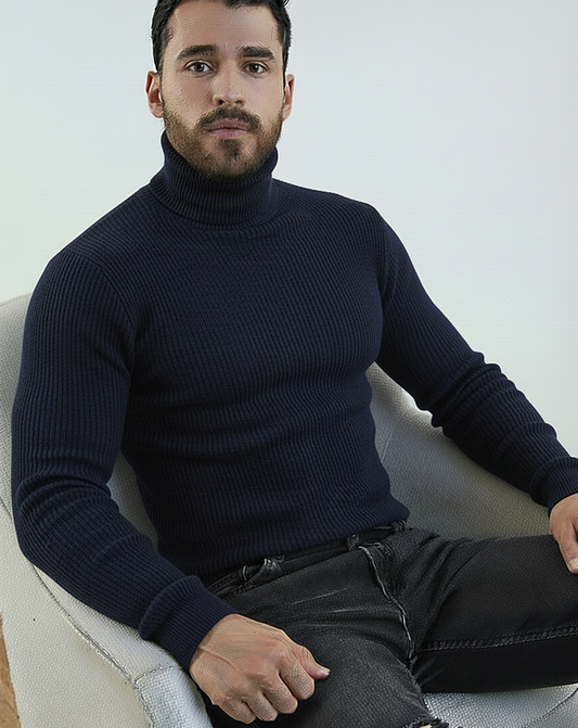 Navy Blue High Neck Ribbed | Men