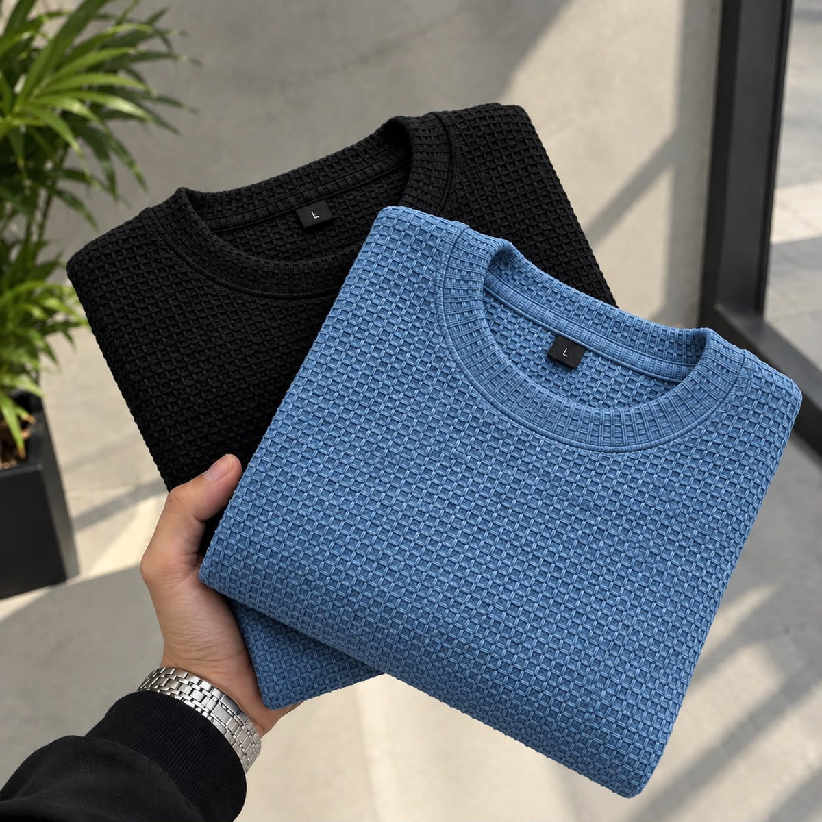 Pack Of Two - Mid Blue & Black Waffle Knitted Shirt.